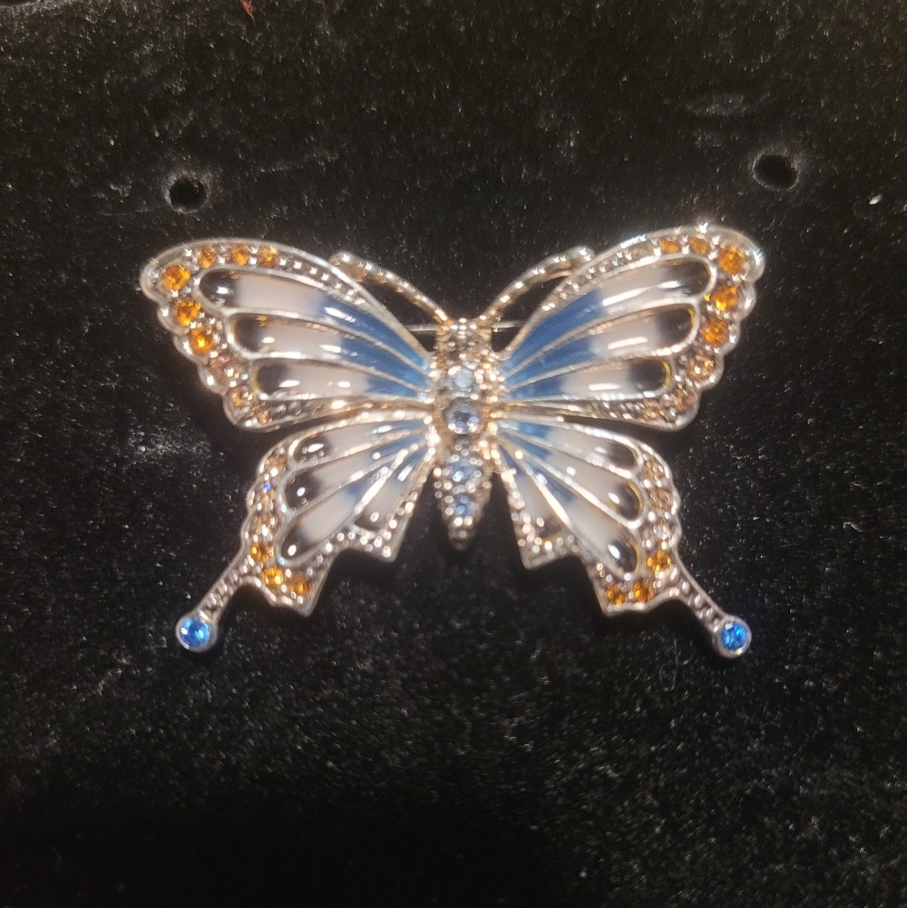 Monet Vintage Elegant Butterfly Brooch with Blue and Orange Accents